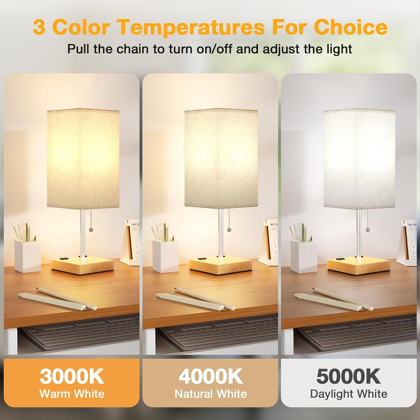 aooshine Wood Grain Small Table Lamp for Bedroom - 3 Color Temperature 3000K 5000K 4000K Bedside Lamp, Pull Chain Control, USB A and C Ports, Bulb Included
