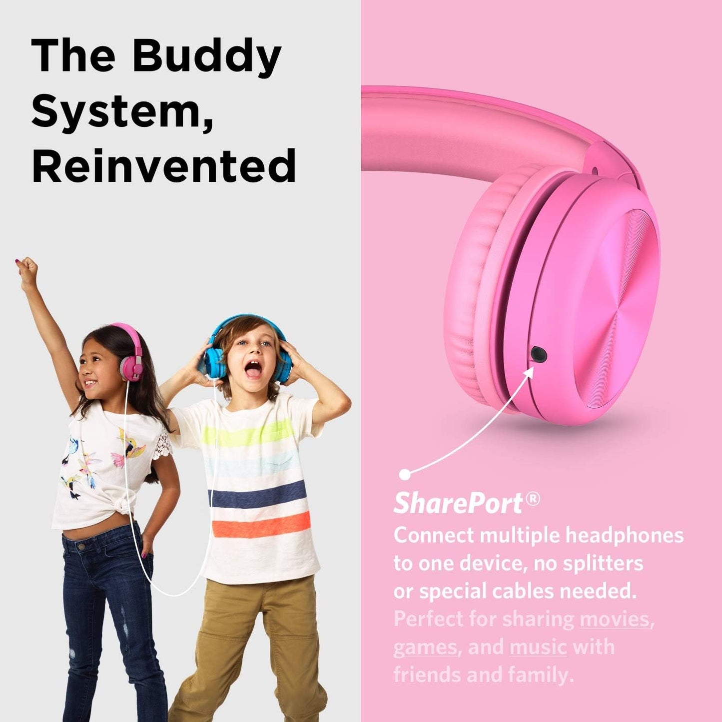 LilGadgets Connect+Wired Kids Headphones for School with Microphone, Volume Limiting & Noise Reduction Over-Ear Headset with Cord, SharePort Technology & SoftTouch Padding, Pink - Kid Headphones