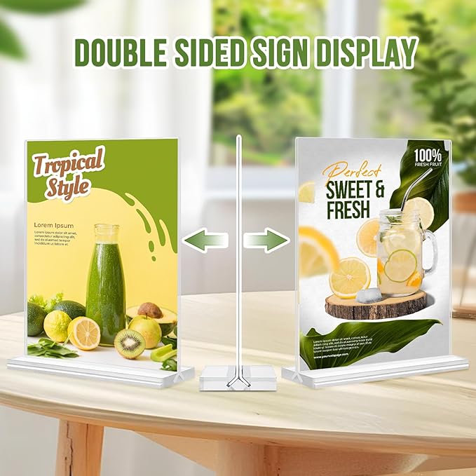 Acrylic Sign Holder 5x7, 25 Pack Clear Double Sided Table Menu Vertical Display, Plastic Flyer Display Stand, Paper photo Plastic Sign Frame Suitable for Restaurants Office Store Hotels, Show Fair
