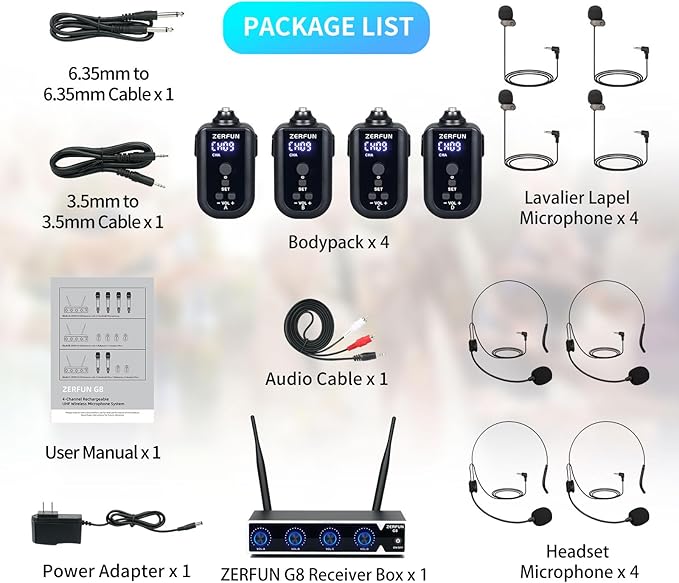 4 Channel Rechargeable Wireless Microphone System, Pro UHF Metal Headset Lavalier Lapel Cordless Mics Handheld for Karaoke Singing Church with VOL Control, 4x50 Adjustable Frequency(G8)