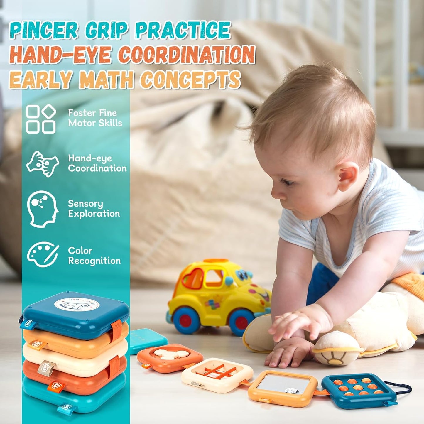 Montessori Busy Board for Toddlers 1-3 | Certified Travel Sensory Toy | Fine Motor Skills Activity Cube for Airplane, Classroom & Home Learning