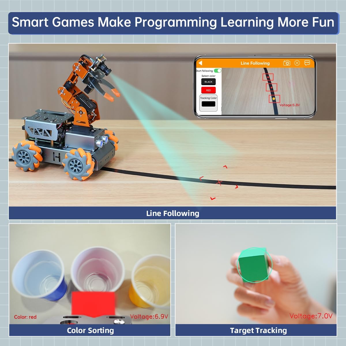 Robotic Arm for Raspberry Pi 5/4B AI Vision Open Source Mecanum Wheel Chassis Robot Car Kit 5 DOF/Axis Smart Robot Arm DIY, MasterPi with Raspberry Pi 5 8GB