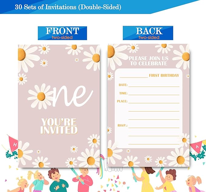 Daisy 1st Birthday Invitations for Girls, Daisy One Birthday Party Invitaions for Party Invites, 4x6 Inches, 30 Sets with Envelopes