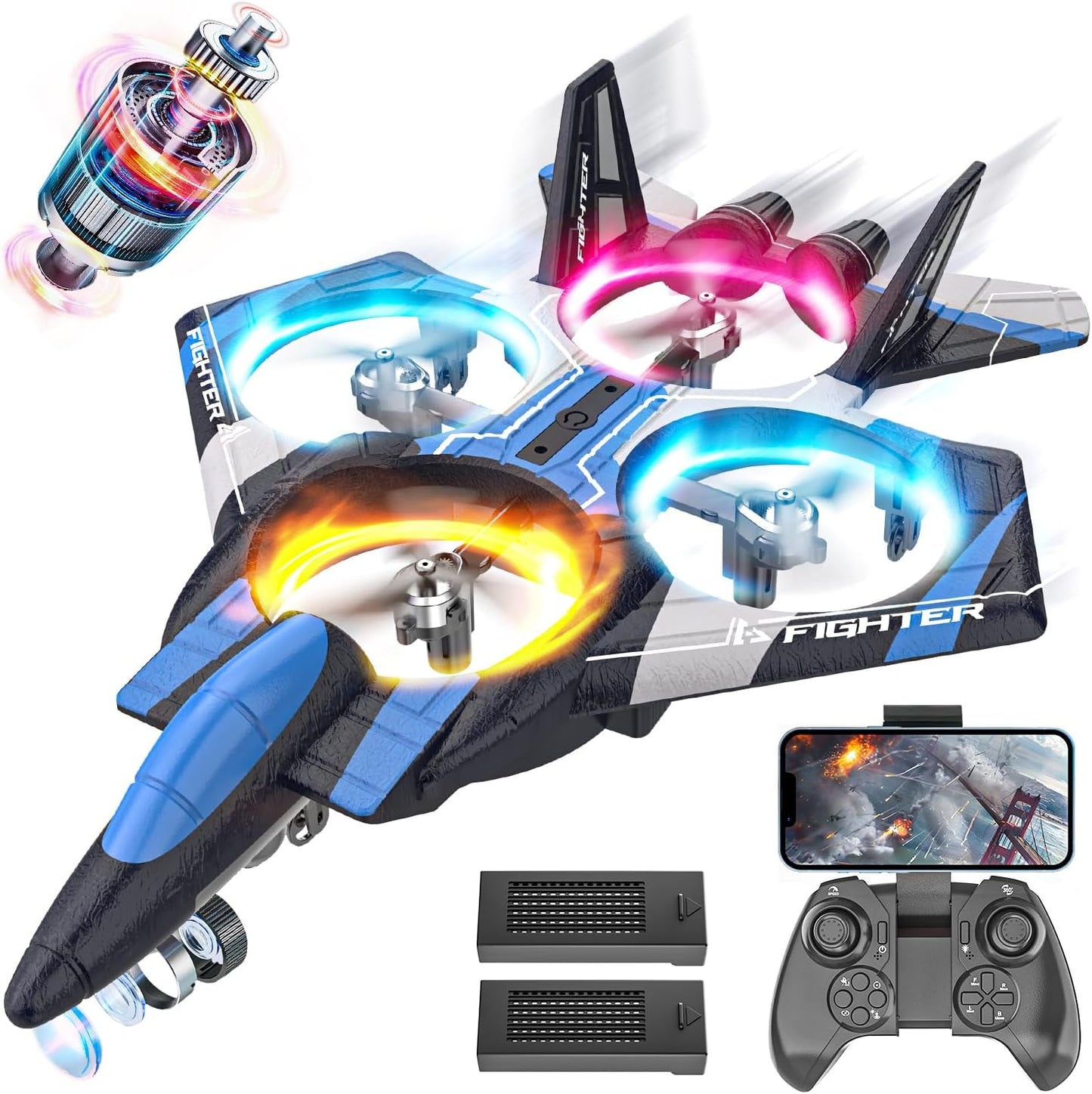 BEZGAR RC Plane for Kids | 2.4GHZ Brushless Drones with Camera, 6-axis Gyro Remote Control Airplane, 360° Flip Fighter Jet Toy, Toys for ages 8-13 with Colorful LED Navigation Lights Blue