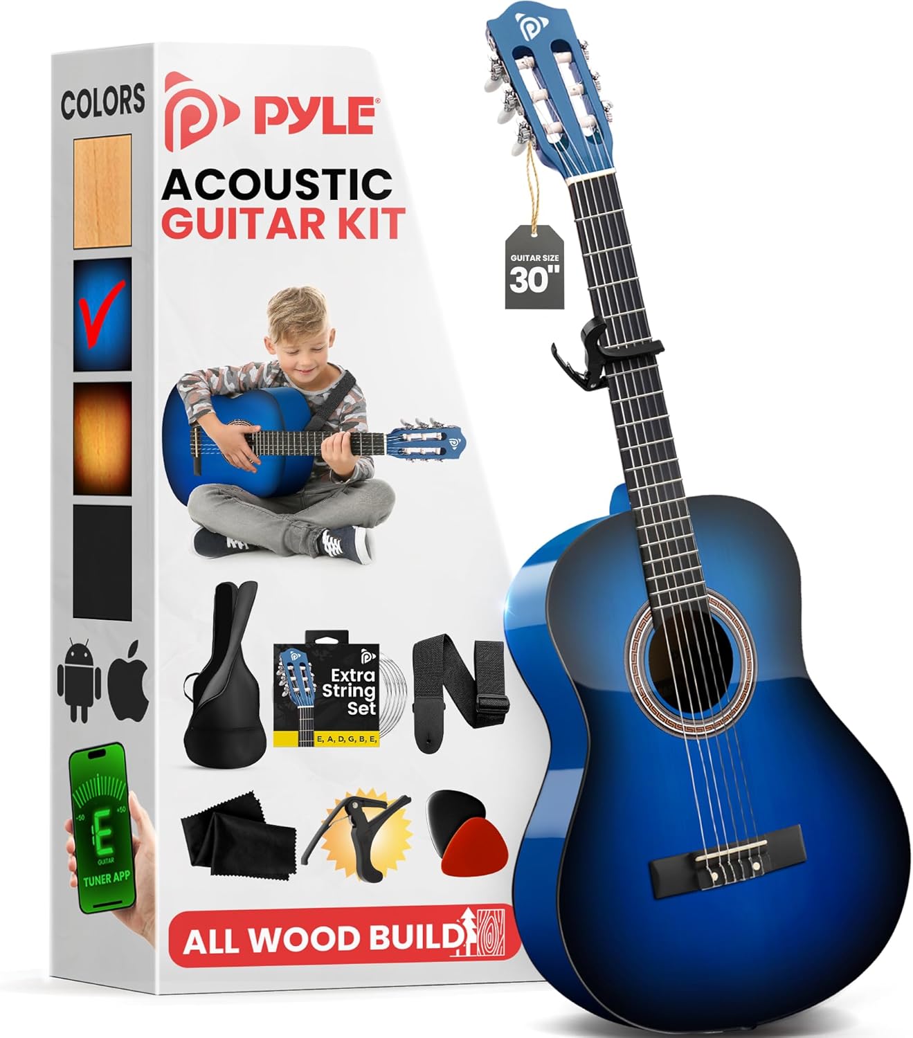 Pyle Beginner Acoustic Guitar Kit, 1/4 Junior Size All Wood Build Nylon Stringed Instrument with Capo, Strap, Extra String Set, Gig Bag, Guitars for Beginners Adults Youth, 30" Blue Burst Gloss