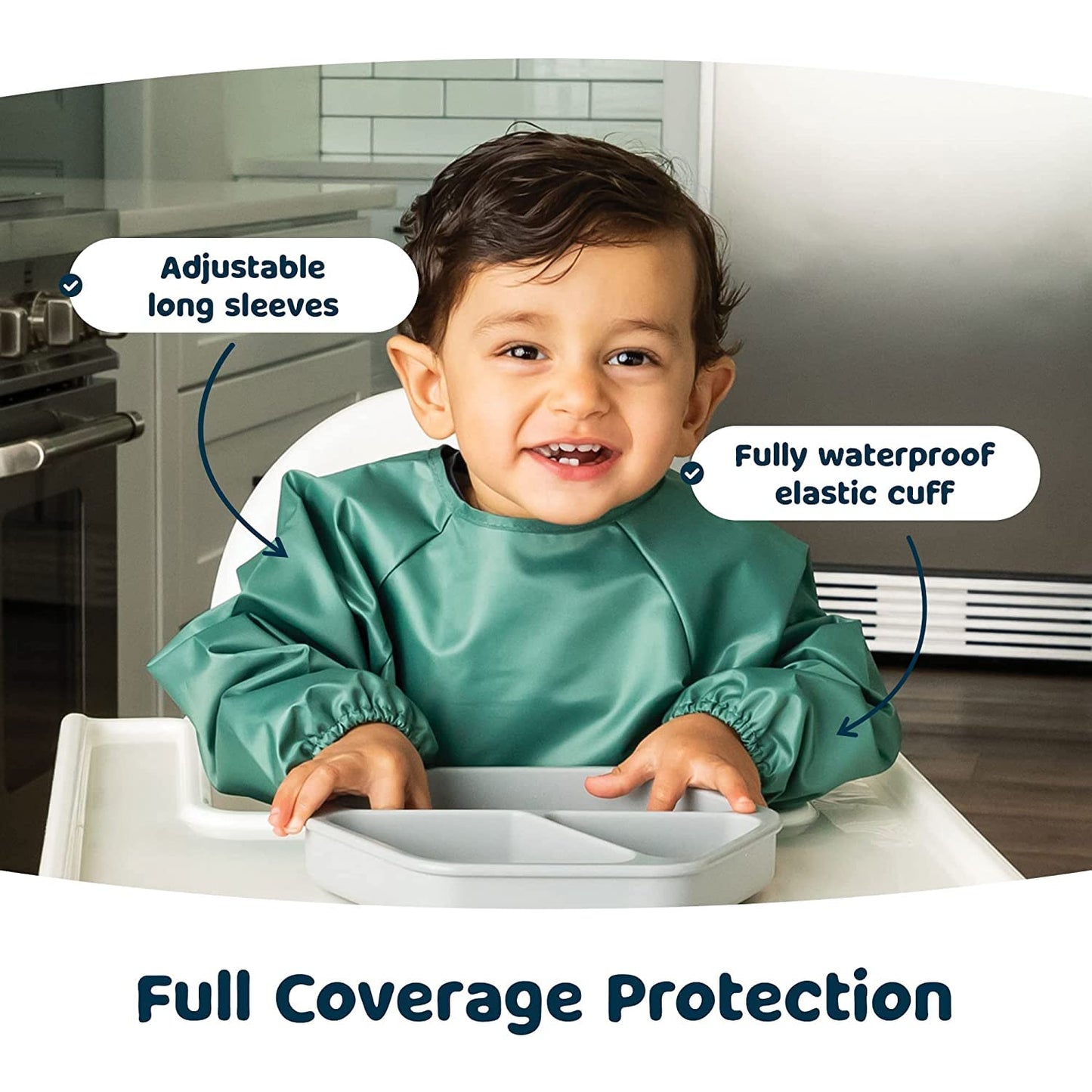 Tiny Twinkle Mess Proof Baby Bib,Waterproof Smock Bibs for Eating,Washable Long Sleeve Bib for Toddler(Olive Green, Large 2-4 Years)