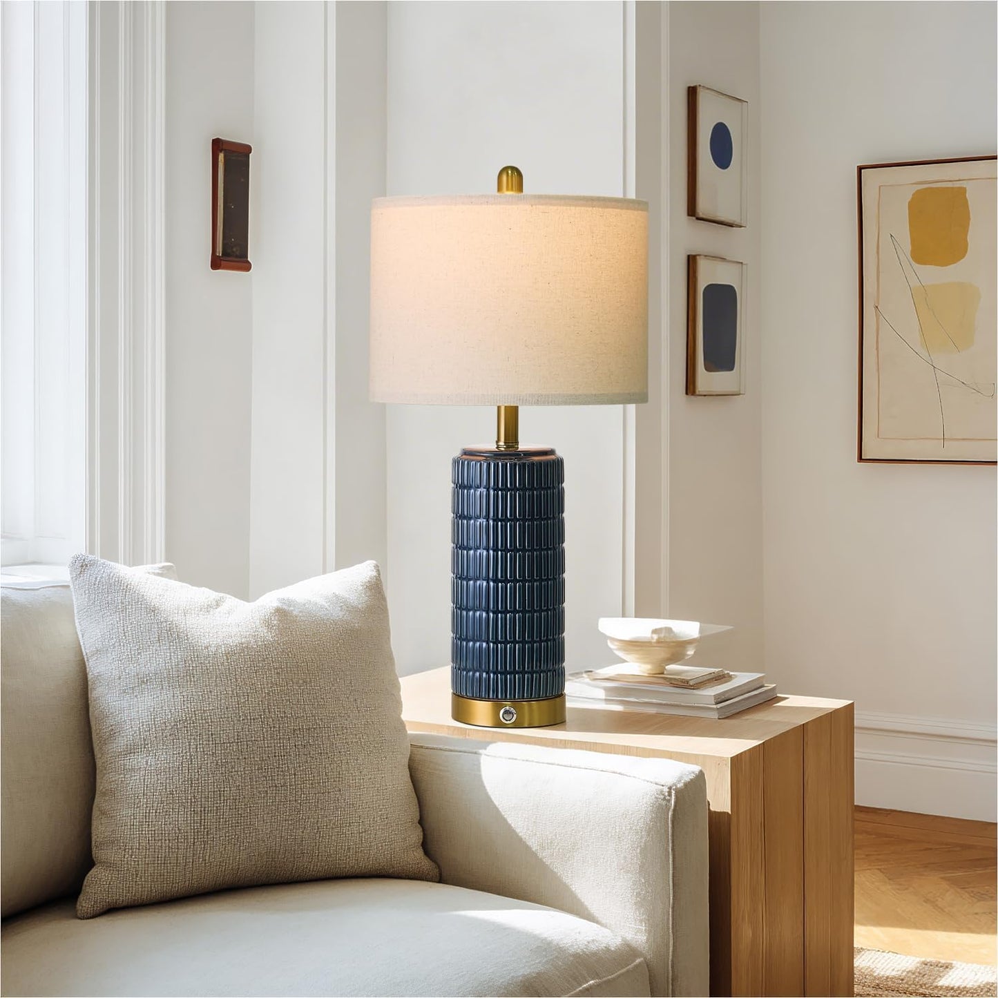 PoKat Touch Bedside Table Lamps with USB Ports for Bedroom, 25'' Dimmable Nightstand Touch Lamps for Living Room, Blue Ceramic Lamps with Gold Base for Night Stands Bedroom, Nursery, Dark Blue