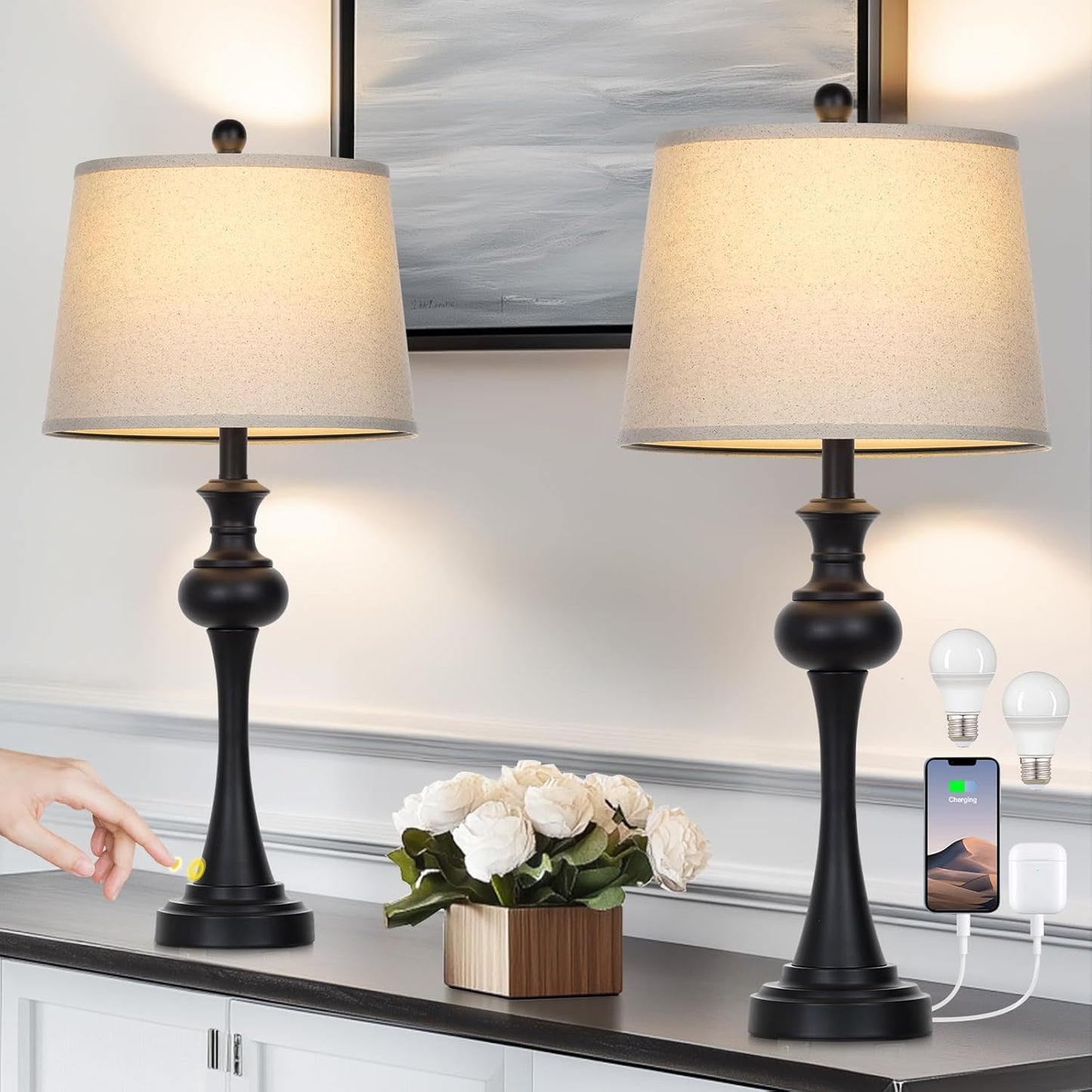 28.75" Black Table Lamps Modern 3-Way Dimmable Bedside Lamp with USB A+C Ports & AC Outlets for Living Room Bedroom Nightstand Lamp,Beige Fabric Shade Mid Century Accent Style