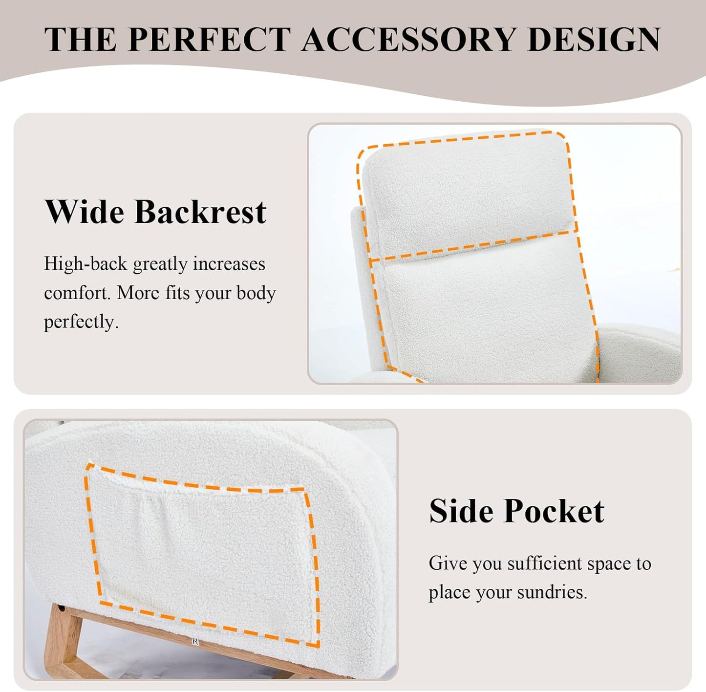 NIOIIKIT Oversized Nursery Rocking Chair, Teddy Upholstered Glider Chair with Footrest, Large Glider Rocker with Side Pocket, Rocking Accent Chair, Glider Recliner for Living Room (White Teddy)