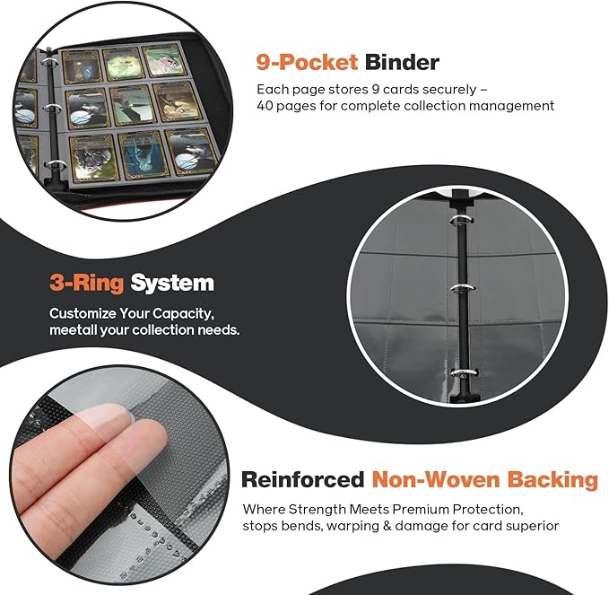 Dragon Design 9 Pocket Card Binder – Premium Trading Card Album Holds 720 Cards, PU Leather Zipper Case with 3-Ring Removable Pages – Perfect for MTG, TCG, Sports Cards, Gift for Collectors