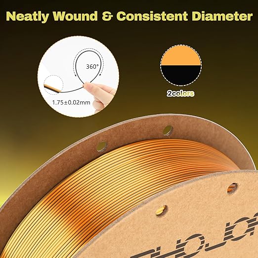 Silk PLA Filament 1.75mm Black Gold Dual Color PLA 3D Printer Filament 2 in 1 Coextrusion 1KG Spool(2.2lbs) 3D Printing Filament Dimensional Accuracy +/- 0.03mm Fits for Most FDM 3D Printers