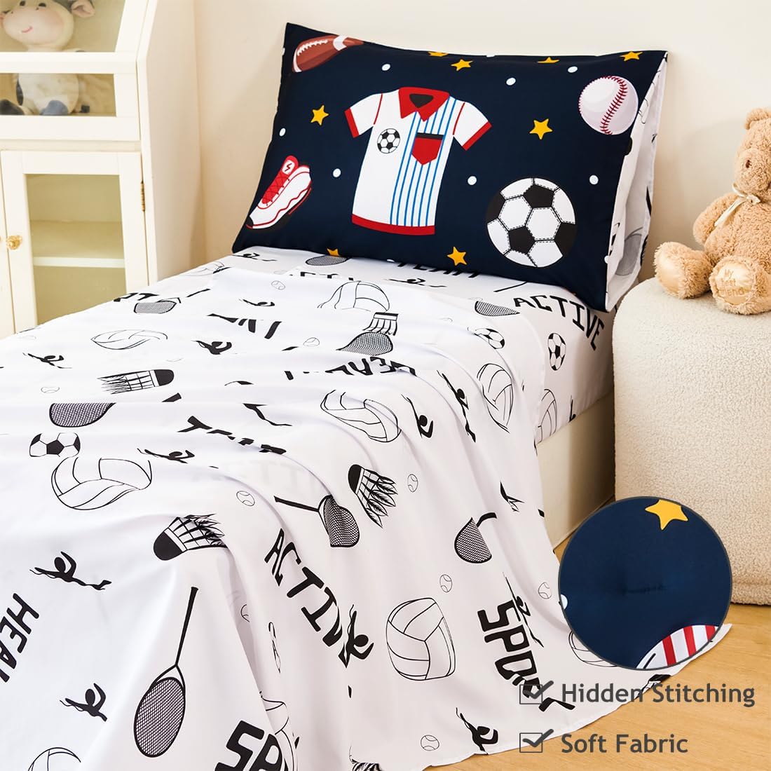 PERFEMET Sports Bedding Set Twin Size 4 Pcs Reversible Ball Sport Theme Comforter Set for Boys Girls Soft Reversible Navy Blue Baseball Football Kids Bed in a Bag(Sport, Twin)