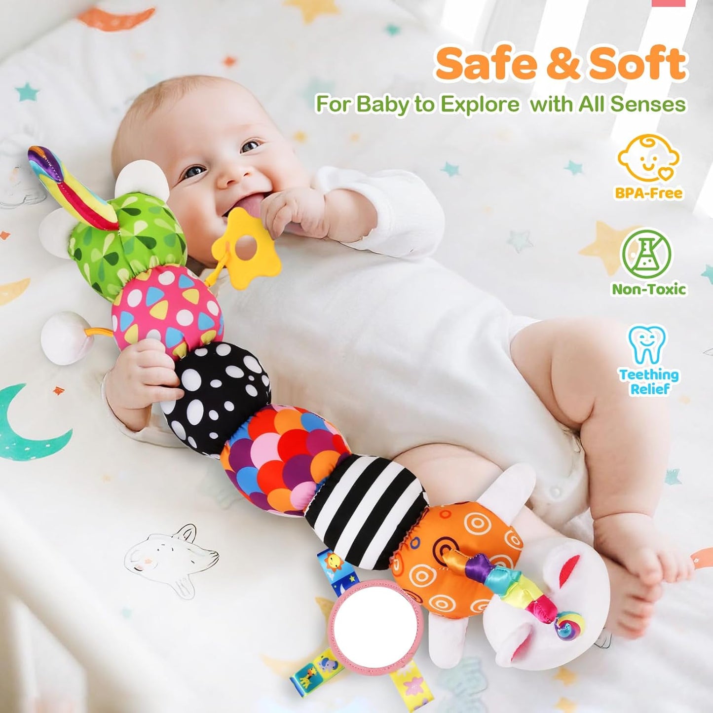 Baby Toys 0-6 6-12 Months, Sensory Musical Animal Stuffed Toy for Infant 0-3 3-6 Months, Tummy Time Toys with Mirror Crinkle Rattle, Plush Unicorn Cat Toy Gifts for 0 1 2 3 4 5 6+ Months Boys Girls