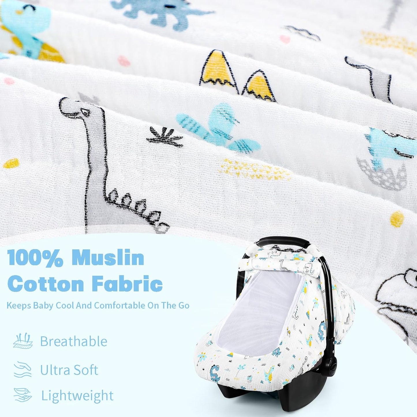 Car Seat Cover Baby, HNHUAMING Muslin Cotton Carseat Covers for Babies Girls Boys Summer Infant Car Seat Covers Canopy, Cozy Newborn Carseat Covers Stroller Cover with Breathable Mesh Window, Dinosaur