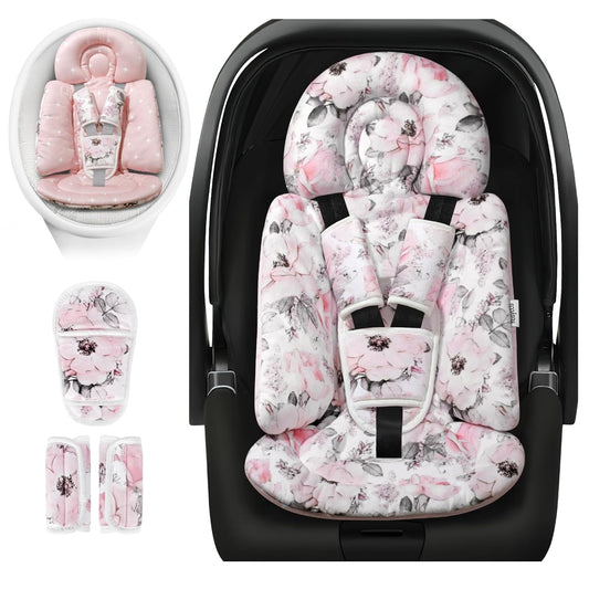 [Upgraded] Infant Car Seat Insert & Newborn Head Support, 3 Strap Covers + Reversible 2-in-1 Design – All Seasons Baby Car Seat Cushion for Stroller, Swing, Rocker, Bassinets