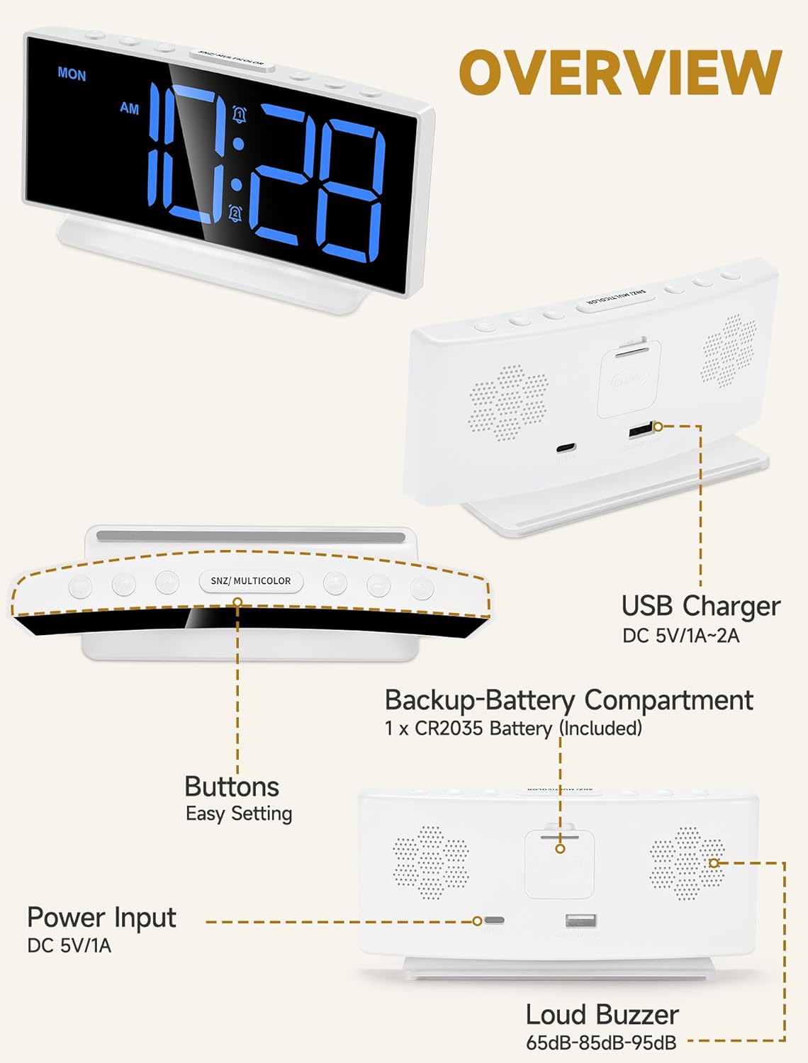 Cadmos Loud Alarm Clocks for Heavy Sleepers,Adults,Kids,Teens,Large Digital Display,7 Color Night Light,Adjustable Volume,Battery Backup,Small Bedside Clocks for Bedrooms (White+Dynamic)