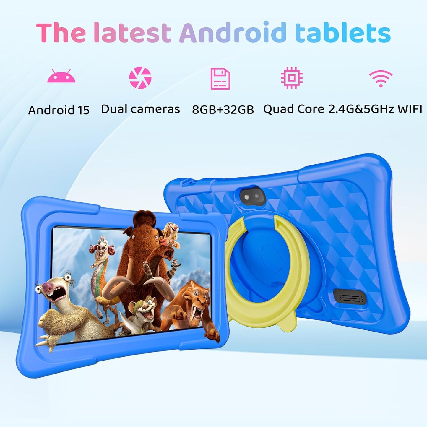 Kids Tablet, 7 inch Android 15 Tablet for Kids, 8GB+32GB 1TB Expand, Quad-Core Toddler Tablets with Shockproof Case, BT5.0, WiFi 5, Parental Control, Games, Dual Camera (Blue)