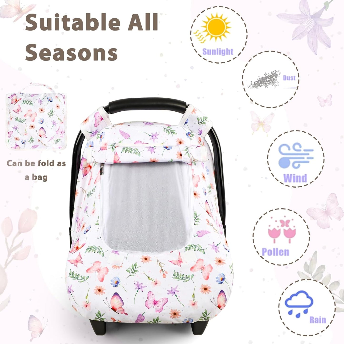 Pea Pod Car Seat Cover Baby, Infant Car Seat Canopy Covers with 2 Layers Windows of Breathable Mesh Fabric, Lightweight Polyester, Soft Minky Dot Backing (Butterfly Pattern)