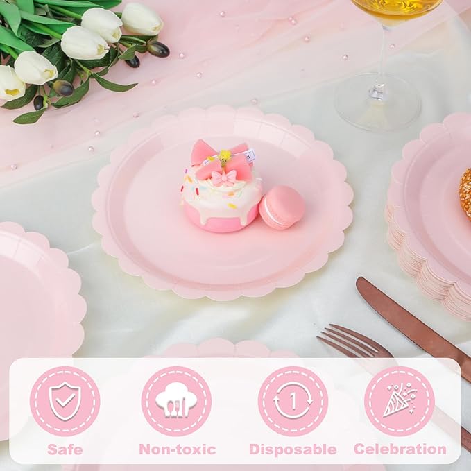 48 Pcs Pink Paper Plates 9 Inch Scalloped Dessert Plates - Disposable Pink Cake Plate - Baby Shower Birthday Party Wedding Bridal Party Supplie