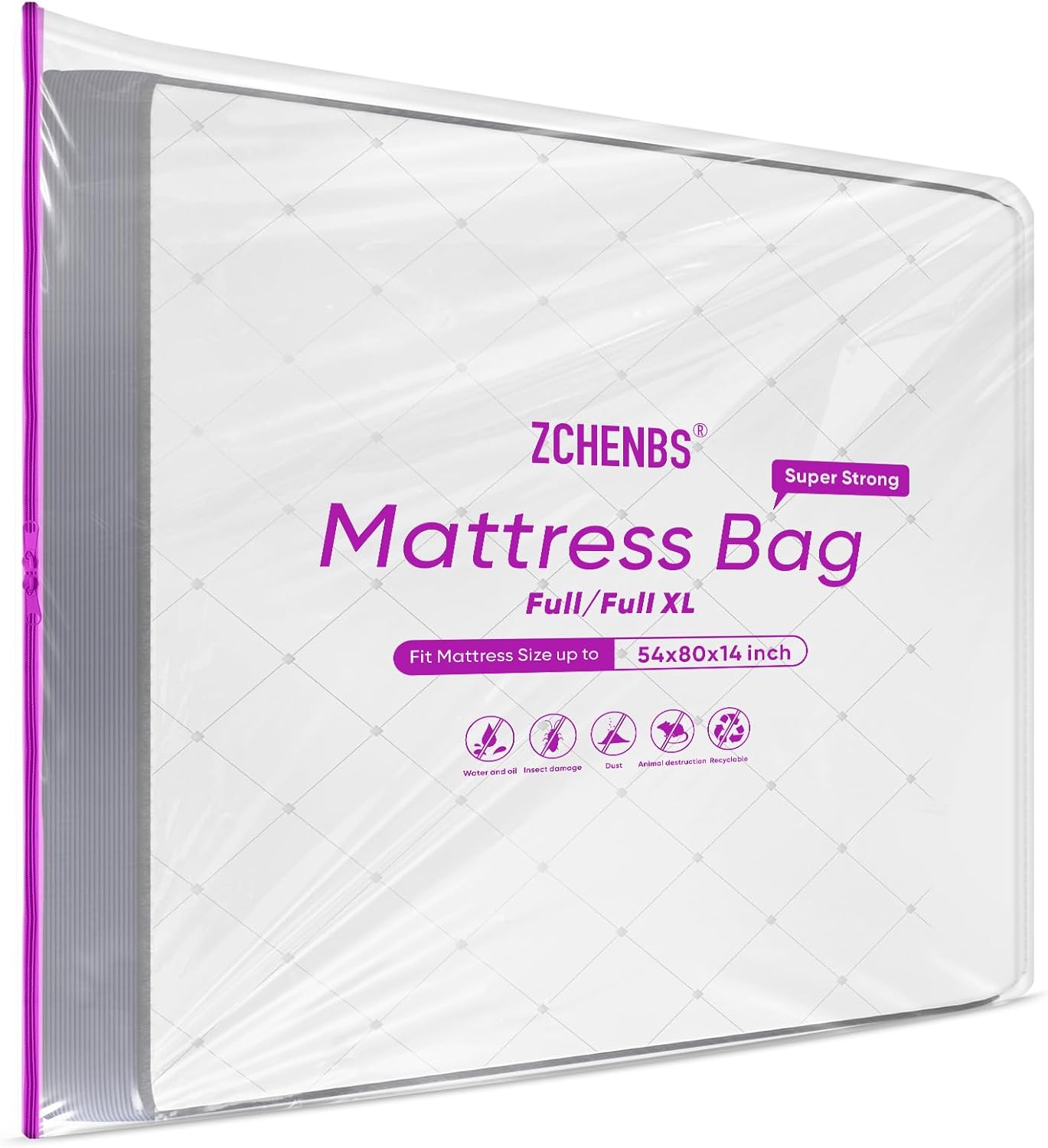ZCHENBS® – Mattress Bags for Moving and Storage,Mattress Bag with Zippers,5 Mil Ultra-Thick Bed Bag,Waterproof,Anti-Tear,Heavy-Duty Mattress bag (Tansparent/Purple, Full/Full XL-(2 Pack))