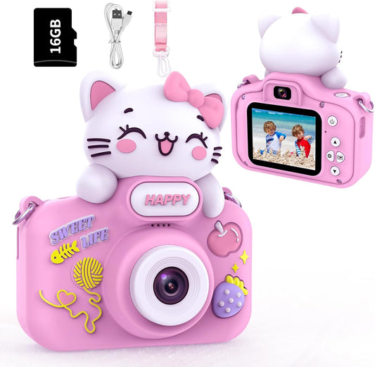 Video Kids Camcocrder, Kids Boys Digital Toddler Camera for 3 4 5 6 7 8 Years Old Birthday Gifts, 1080P Video Camera with Cute Protective Cover & 16GB TF Card, Pink