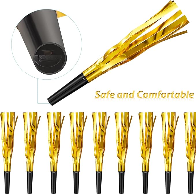 200 Pcs Party Blowers Noise Makers Party Horns Blowout Clappers Noisemakers for Halloween Christmas Birthday Sporting Party New Year's Eve Party Supplies 2025(Black Gold)