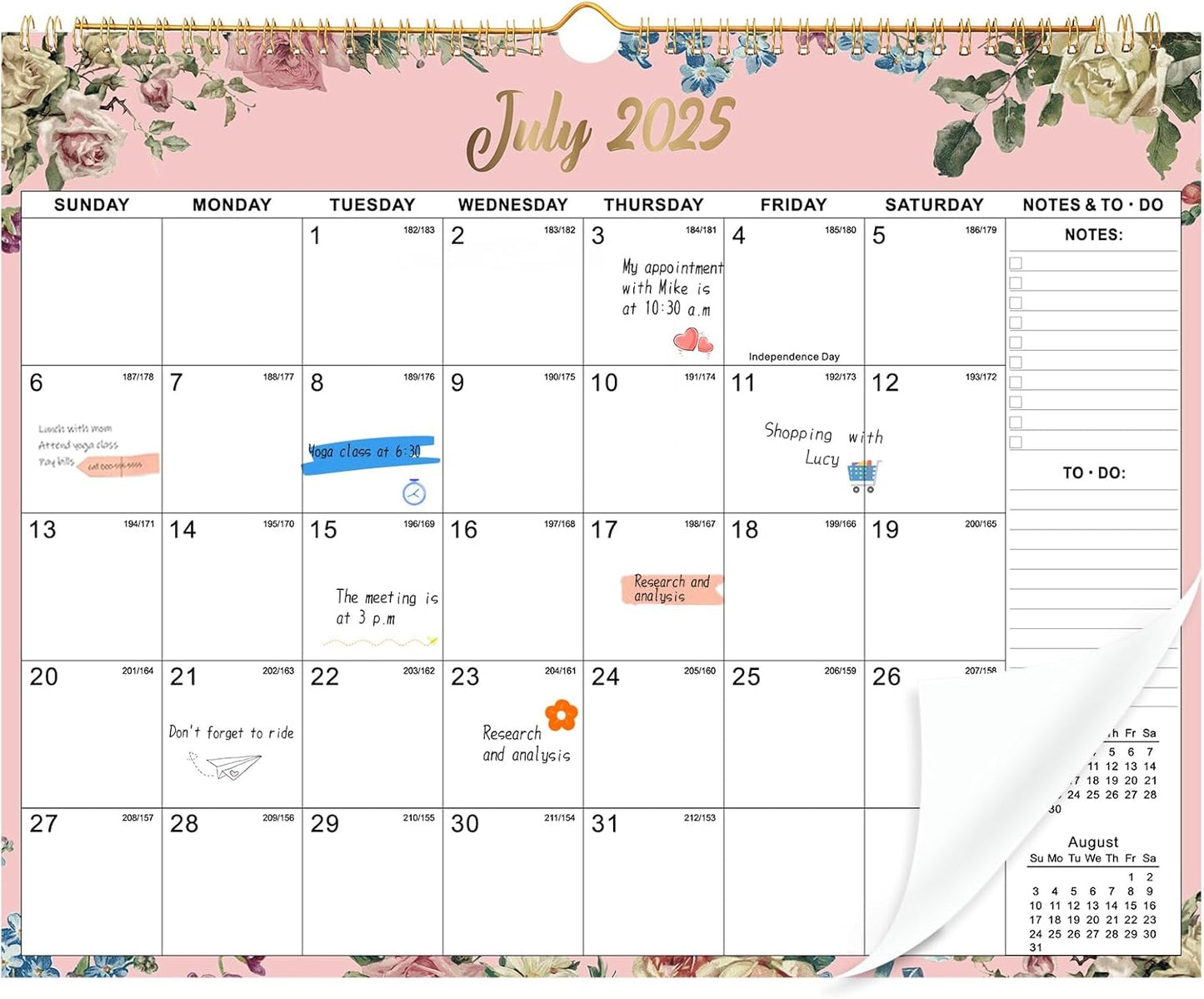 Wall Calendar 2025-2026, 18 Month Large Desk Calendar from July 2025 to December 2026 14.5" x 11.8" Monthly Calendar with Twin-Wire Binding for Home Office Planning Organisers, Flower Design