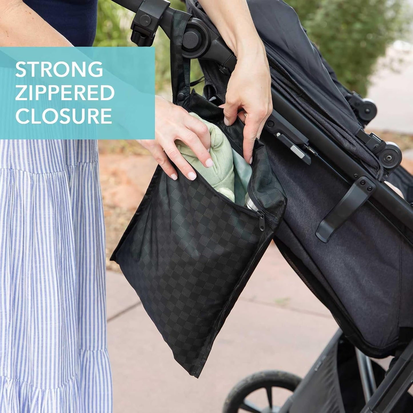 Bumkins - Waterproof Wet Bag - For Baby, Travel, Swim Suit, Cloth Diapers, Pump Parts, Pool, Gym, Toiletry, Strap to Stroller - Reusable & Easy to Clean - 2pk - Beige & Black Check