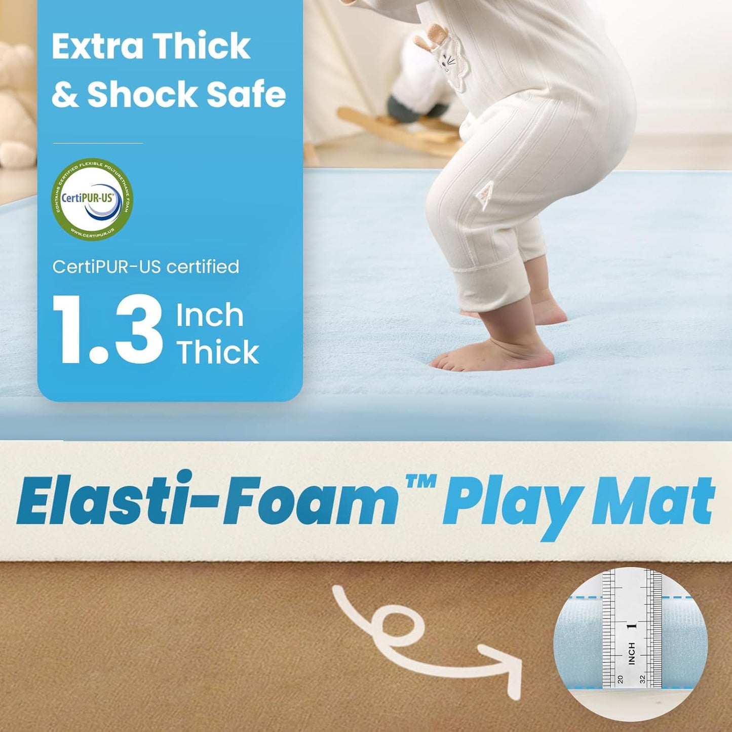 Baby Play Mat for Kids Room,Extra Thick Elasti-Foam Anti-Fall Cushion Mat for Babies,Toddlers,Infants,Water-Repellent&Non-Slip Bedroom Bedside Rugs(Ice Blue)