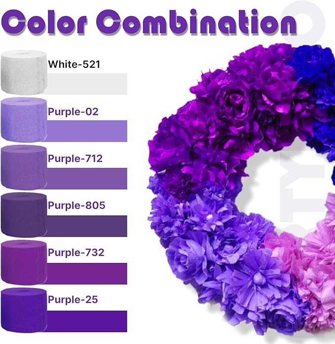 PartyWoo Crepe Paper Streamers 4 Rolls 328ft, Pack of Shades of Purple Crepe Paper for Party, Wedding, Birthday, Baby Shower Decorations (1.8 Inch x 82 Ft/Roll)