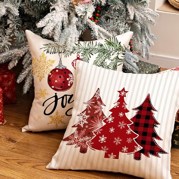 GEEORY Winter Christmas Throw Pillow Covers 20 x 20 Inch Set of 4, Xmas Trees Snowflake Snowman Joy Holiday Farmhouse Decorative Cushion Cases for Home Decoration G583-20