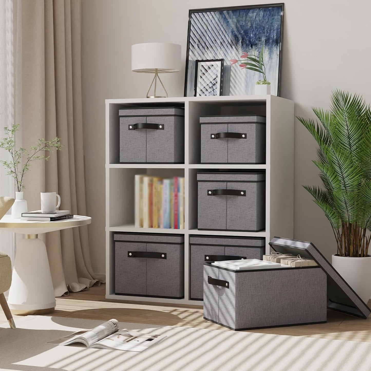 Fabric Storage Boxes, 7.1 x 9.1 x 13 Inch Baskets for Shelves with Lids, Wardrobe Organiser with Handles, Decorative Linen Closet Organizer Bins, Gray, 5 Pack