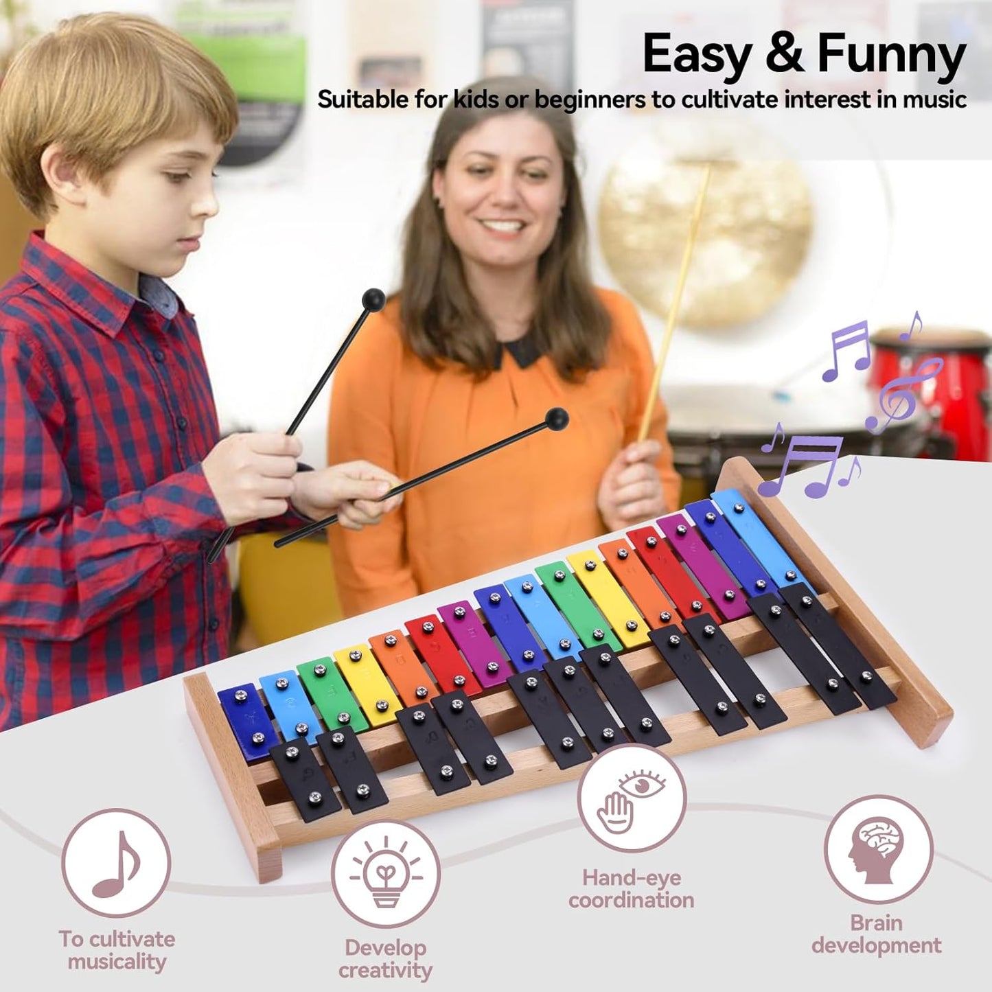 Heuyrao 27 Notes Glockenspiel Xylophone, Professional Wooden Glockenspiel Instrument, Percussion Instrument Kit for Adults and Kids- Includes 4 Mallets and Carrying Bag - Colorful