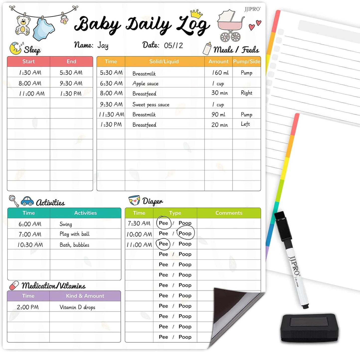 Newborn Baby or Toddler Log Tracker Whiteboard - Reusable Daily Planner Chart to Log Feeding Food, Sleep&Naps, Diaper Change and Daily Activities - for New Parents,Nanny, Babysitter
