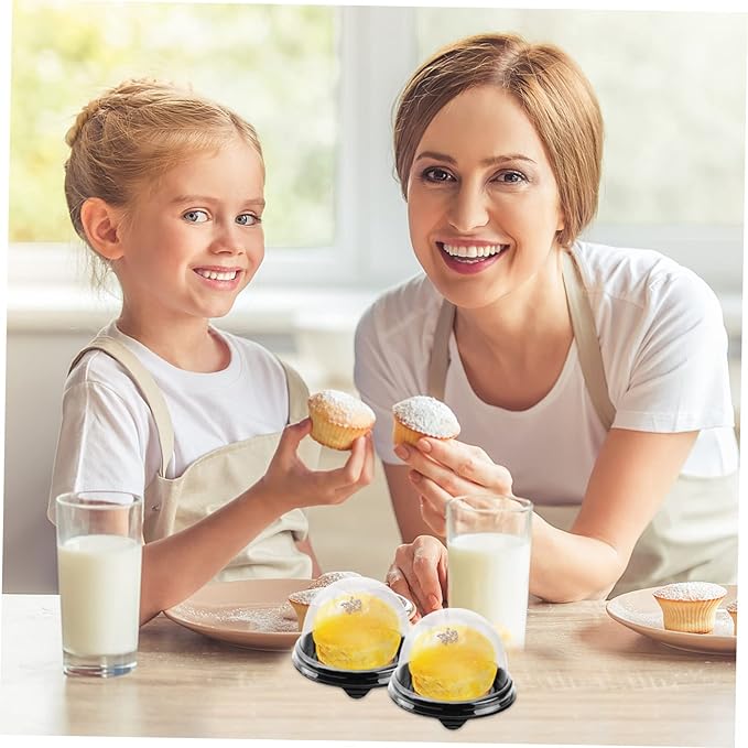 NUOBESTY Individual Cupcake Boxes 100pcs Round Plastic Transparent Dome Cupcake Boxes Egg-Yolk Puff Food Container Single Dome Boxes Baking Packing Box - Black