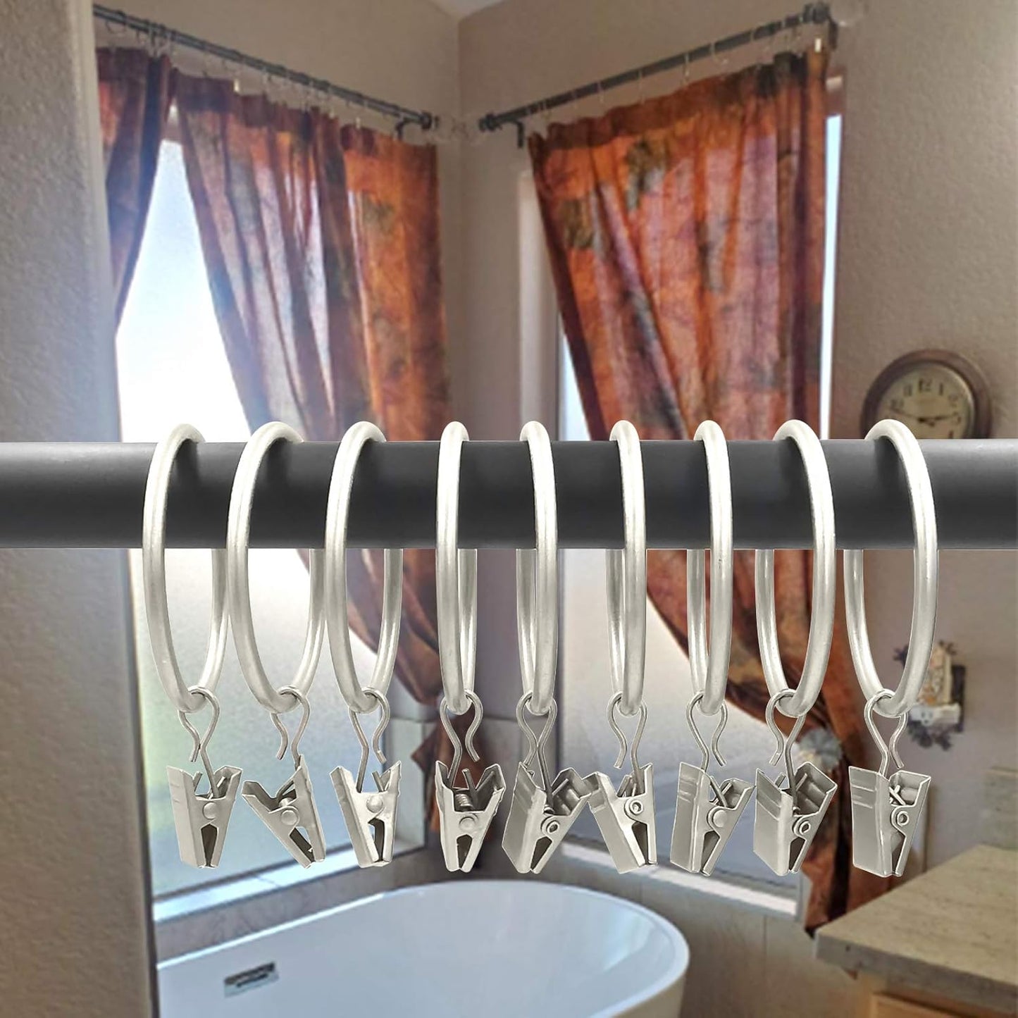 40 Pack Matte Silver Curtain Rings with Clips, Curtain Hooks Hangers Clip Rings for Hanging Drapes Bows Hat, Drapery Rings 1.77 in I D, Fits up to 1.5 in Diameter Curtain Rod.