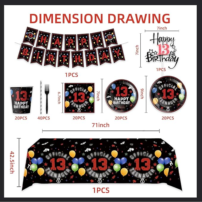 123pcs 13th Red and Black Party Decorations,Happy Birthday Banner Flags Paper,cups Straws Forks Cake Toppers Dessert plates Tablecloths and dinner plates,Officially a Teenager 13th Birthday Supplies