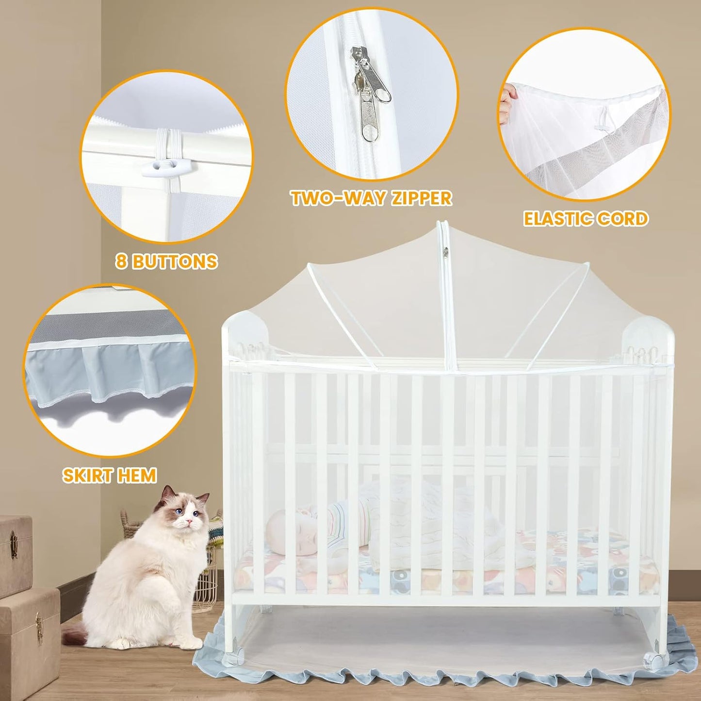 Orzbow Crib Tent Safety Net, Encrypted Crib Mosquito Net to Keep Baby in, Crib Cover with Two-Way Zippers, Durable, Strong, Keep Baby Infant from Climbing Out, Falls and Mosquito Bites, White