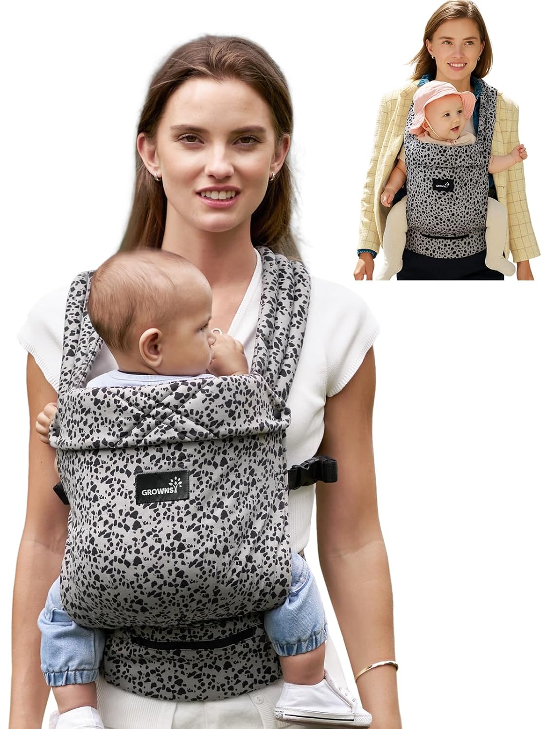 GROWNSY Baby Carrier Newborns to Toddlers, Ergonomic Baby Toddler Carrier Wraps with Head Support, Easy to Wear, Infant Carrier Baby Gift, Travel and Hiking Friendly, 7 to 44 lb (Gray-Leopard)