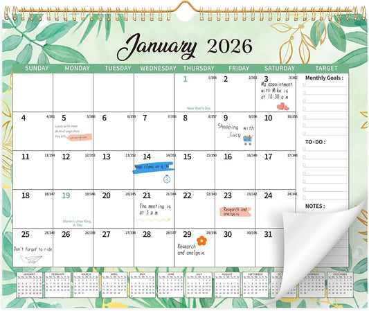 Wall Calendar 2026-2027, 18 Month Large Desk Calendar from January 2026 to June 2027 14.5" x 11.8" Monthly Calendar with Twin-Wire Binding for Home Office Planning Organisers, Green Leaf