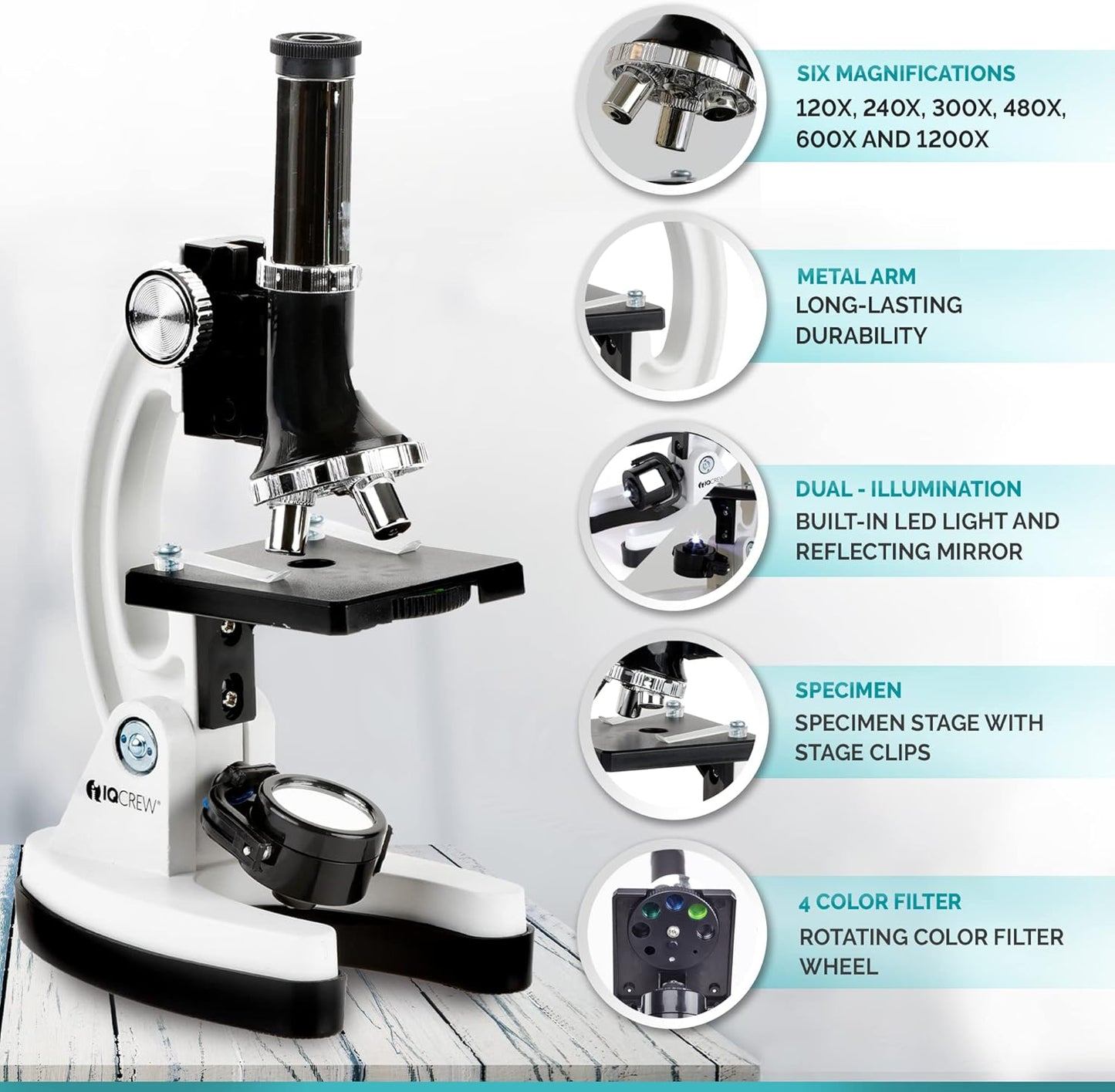AMSCOPE-Kids 120X-1200X White Metal Arm Starter Kids Student Microscope Kit and Compact Refractor Telescope with Tripod - M30-ABS-KT2-W-TKVB1