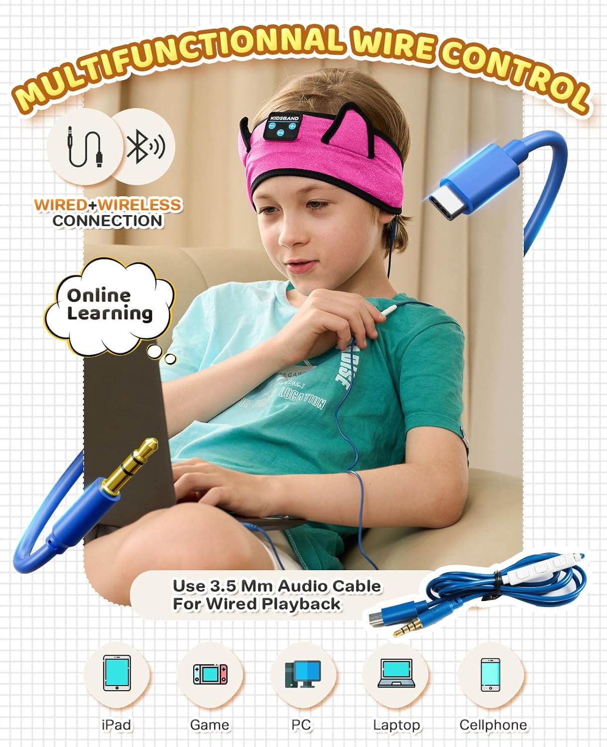 KIDSBAND Kids Headband Headphones, Baby Headphones, Wireless and Wired Playback 3.5 MM Jack for School, Foldable Adjustable Children Headset for Girls Boys,Kindle Tablet Cellphones Airplane Travel