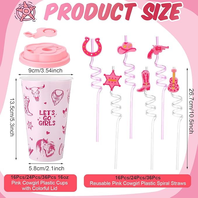 Yungyan 24 Sets Pink Cowgirl Party Favors Goodie Cups with Lids and Straws for Halloween Party Decorations Reusable 16oz Plastic Candy Cups Plastic Straws for Birthday Gift(Pink Cowgirl)