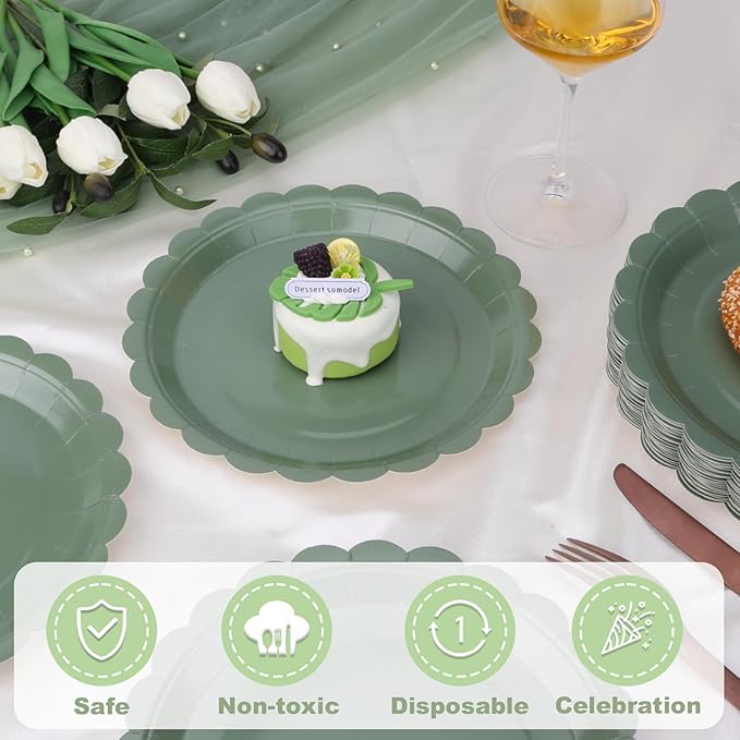 48 Pcs Sage Green Paper Plates 9 Inch Scalloped Dessert Plates - Disposable Sage Green Cake Plate - Baby Shower Birthday Party Wedding Bridal Party Supplies