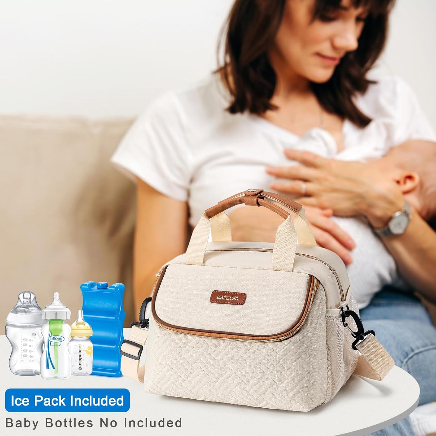 Breastmilk Cooler Bag with Ice Pack Fits 6 Baby Bottles up to 9 Ounce, Wearable Breast Pumps Cooler Bag for Nursing Mom Daycare, Work, Travel- Cream