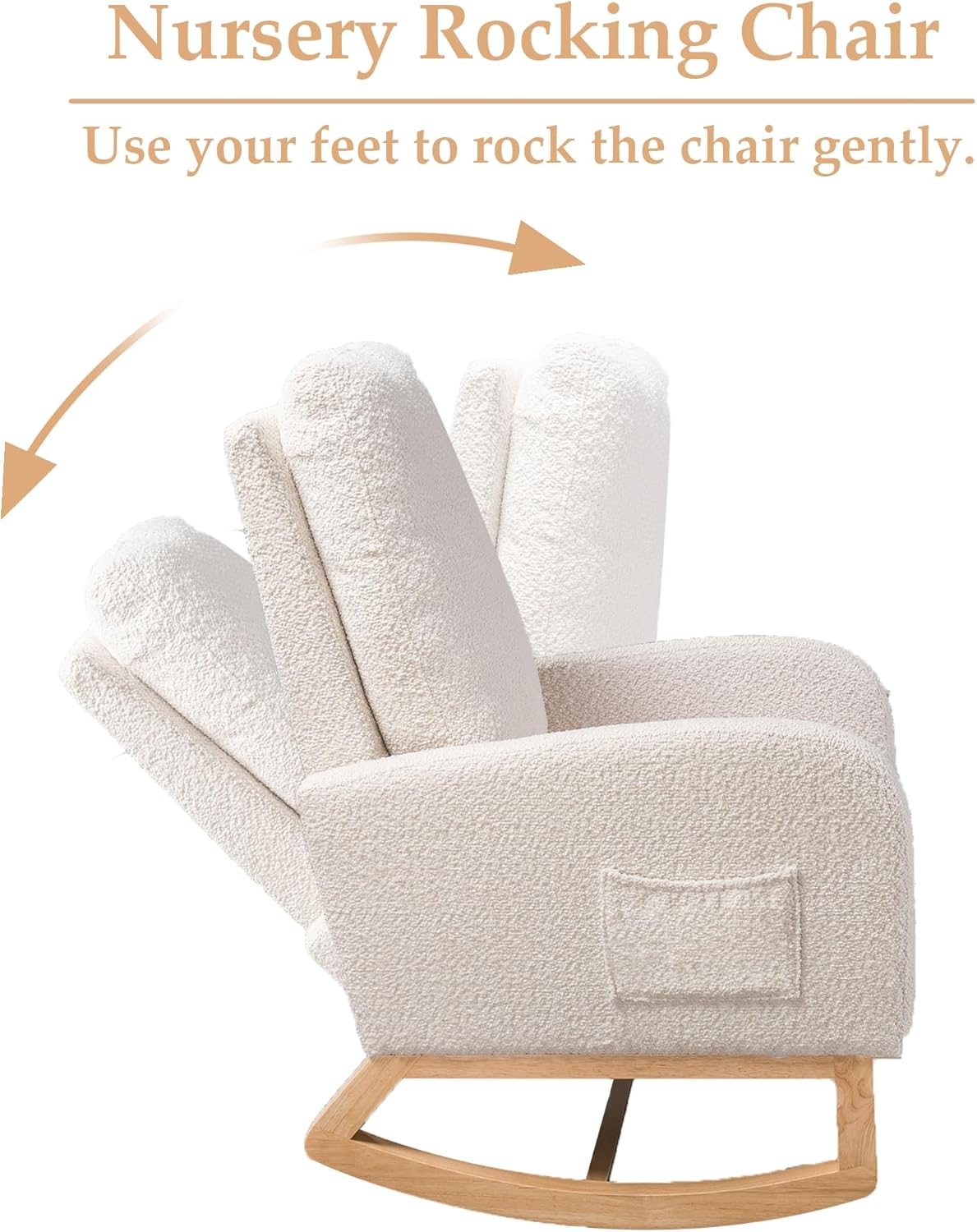 Nursery Rocking Chair with Foot Rest, Upholstered Glider Chair with Two Side Pockets, High Back Nursing Chair, Rocker Accent Armchair for Bedroom Living Room (Ivory)