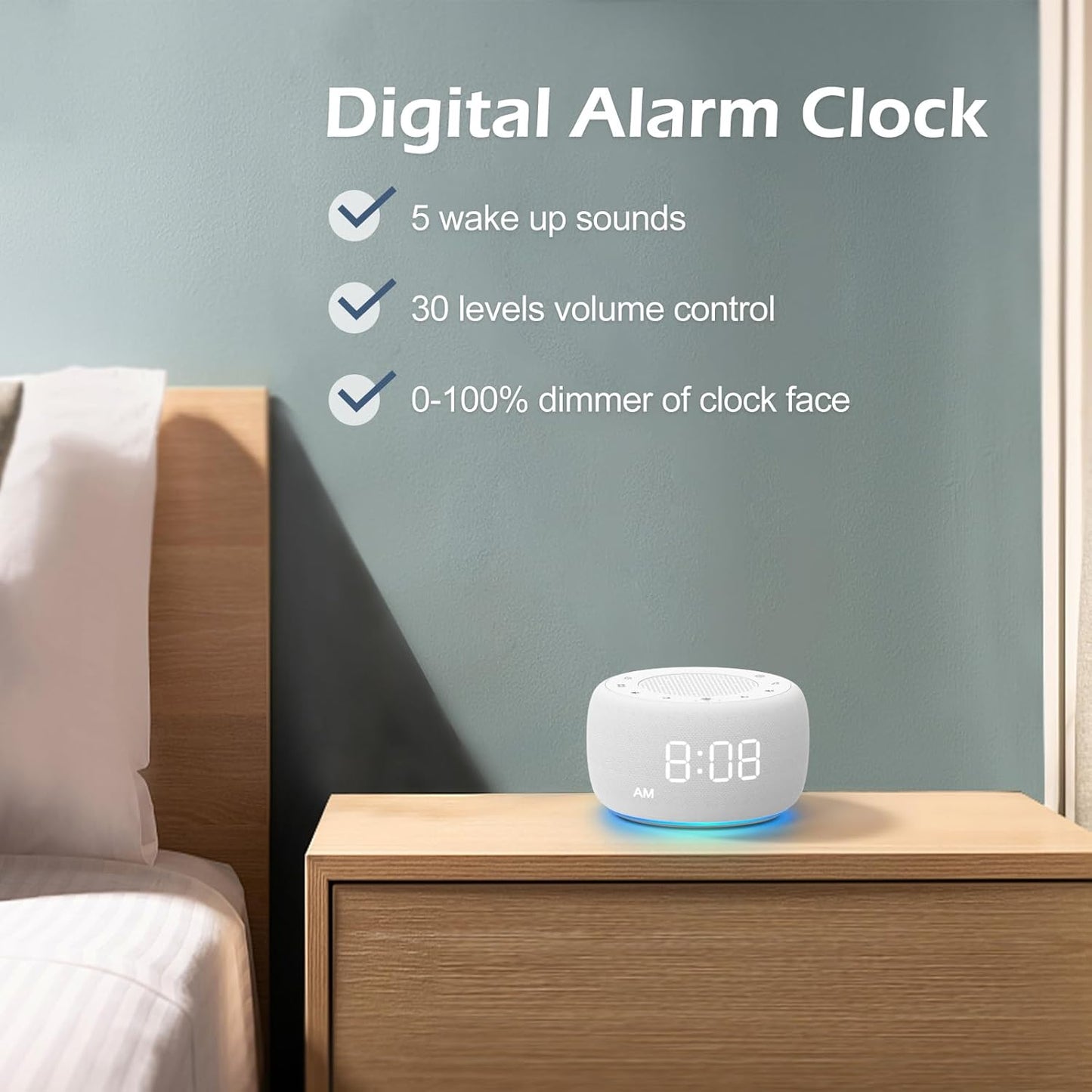 Buffbee Sound Machine & Alarm Clock 2-in-1, 0-100% Clock Face Brightness, Bottom Colored Light, Sleep Timer, Precise 30-Level Volume Control White Noise Machine - White