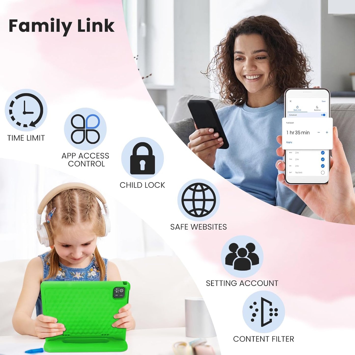 Kids Tablet 10.1 inch Android 14 Octa-Core 64GB 6000mAh Kids Space Parental Control 1280 * 800 HD Touchscreen Shockproof Case Dual Camera Gift for Toddler Children (Green)