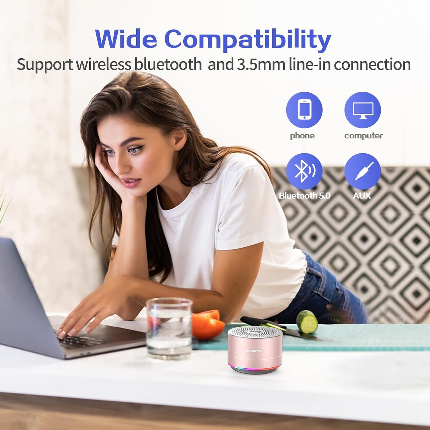 LENRUE A2 Portable Wireless Bluetooth Speaker with Lights and Lanyard,5W Mini Small Metal Speakers Bluetooth 5.0/Aux-in for iPhone Android Home Outdoor, Gifts for Women/Girls