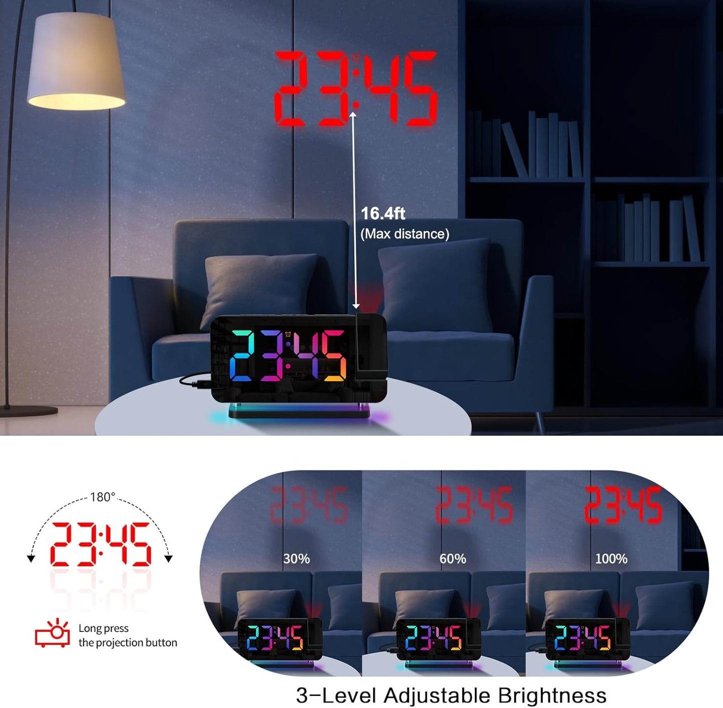 Projection Alarm Clock for Bedroom Ceiling,RGB Digital Clocks Radio with 10 Colors RGB Night Light,Loud Alarm Clock for Heavy Sleepers,USB C Charger Port,Snooze,12/24H,Auto Dimming